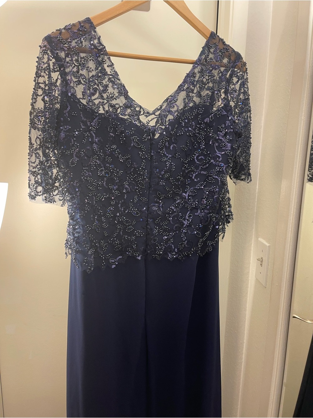 Embroidered Lace Overlay Navy Evening Dress